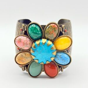 Vintage Ollipop USA Antique Brass Gemstone Flower 2” Wide Cuff Bracelet – 6.5”